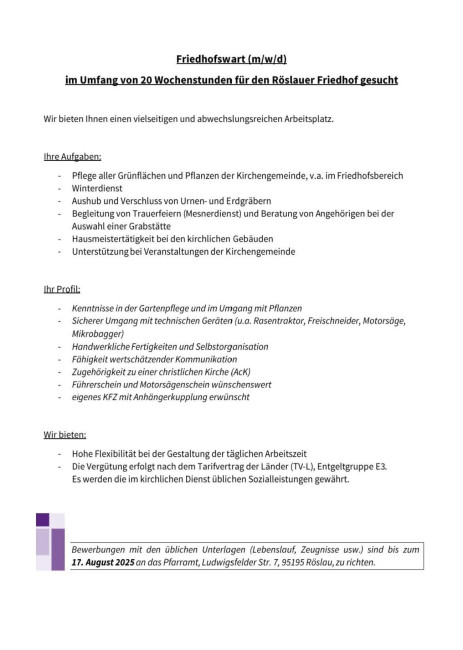 Stellenanzeige Friedhofswart